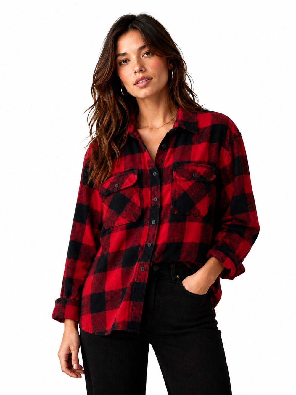 Aerie Red & Navy Plaid LumberJane Button-Down | Oversized Flannel Shirt | Small